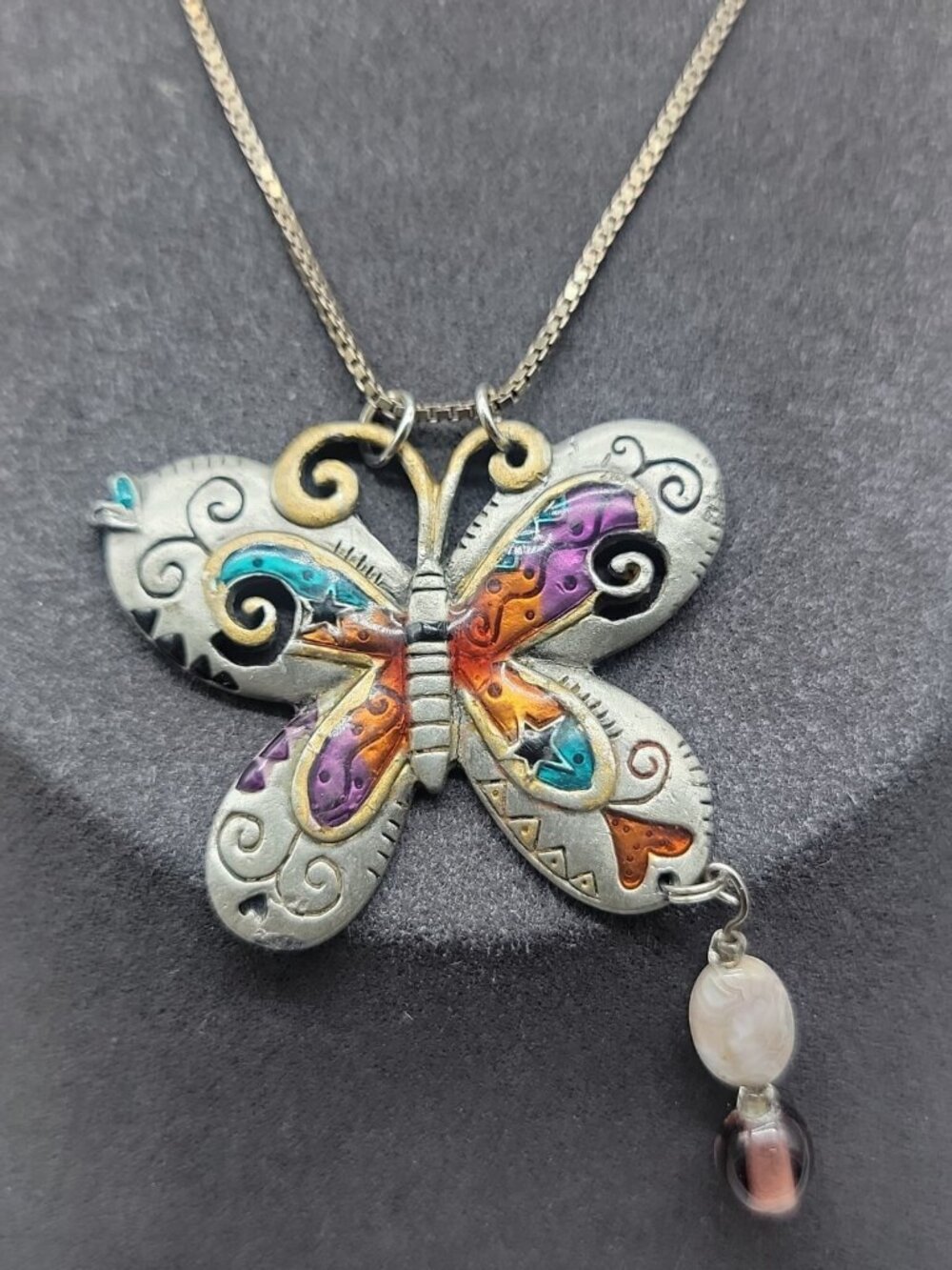Sterling Silver Butterfly Pendant Necklace Enamel Inlaid 15" 925 Choker Chain - Picture 2 of 16